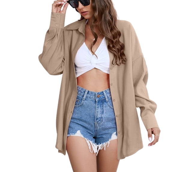 Defitshape Women's Soft Top Long Sleeve Button Down Shirt Lightweight Fashion Button Summer Fall Shirt Khaki XX-Large