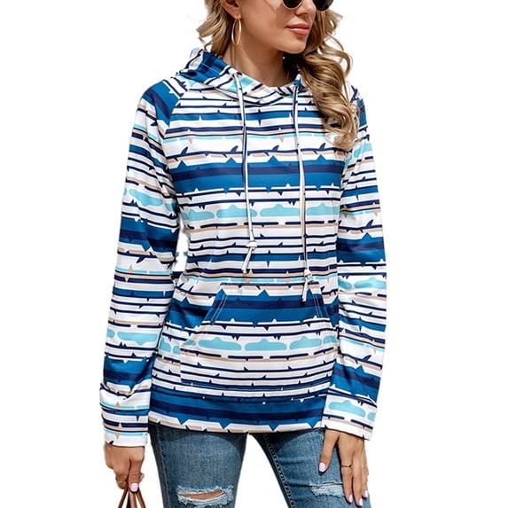 Defitshape Women's Striped Hoodie Cotton Soft Fashion Drawstring Pocket Spring Fall Casual Comfy Hooded Sweatshirt Blue Large