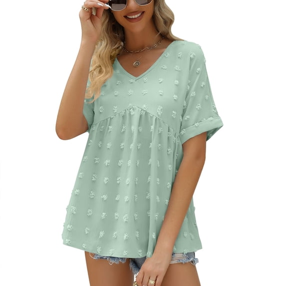 Defitshape Women's Summer Bouse Chiffon V Neck Short Sleeve Summer Chiffon Pleated Loose Fashion Top Light Green XX-Large