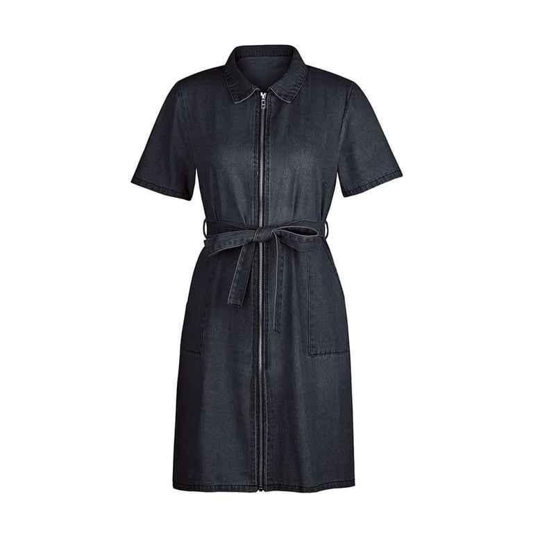 Defitshape Women's Summer Denim Dress Short Sleeve Dresses Holiday Dinner Fall Casual Fashion Comfy Belted Jean Dress Black XX-Large