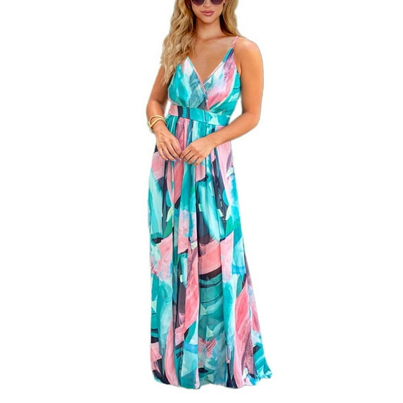 Defitshape Women's Summer Dress Long Hawaiian Dresses Holiday Swing V Neck Wrap Dress Floral Printed Boho Ruched Criss Cross Pink 14