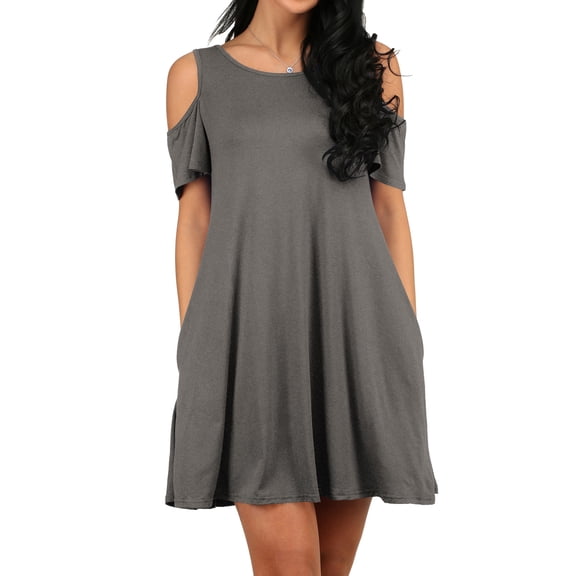 Defitshape Women's Summer Dress Mini Cold Shoulder Short Sleeve Casual Swing Scoop Neck Pockets Tshirt Grey Small