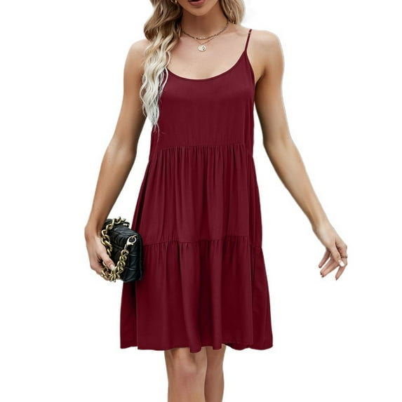 Defitshape Women's Summer Dresses Party Sundress Sleeveless Cami Strappy Cute Knee Length Tie Back Beach Sexy Fall Dinner Holiday Casual Spring Dress Burgundy Large
