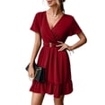 thumbnail image 1 of Defitshape Women's Summer Dresses Short Sleeve Sundress Sexy High Waist Short V Neck Holiday Fitted Chiffon Dress Burgundy X-Large, 1 of 4