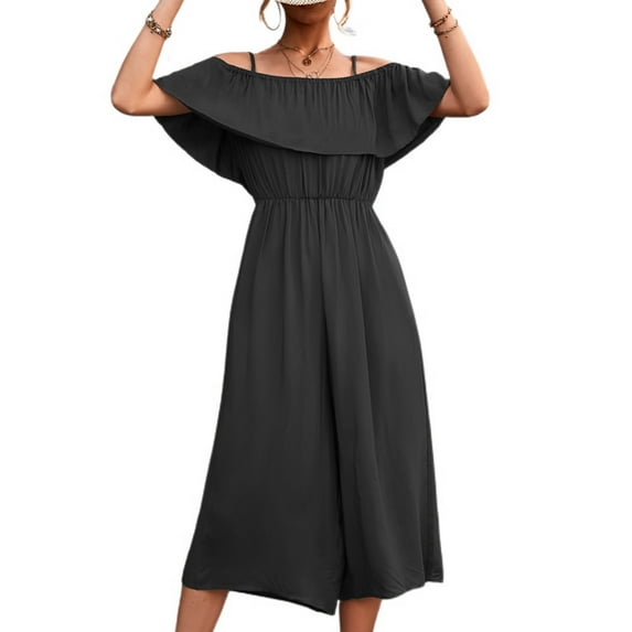 Defitshape Women's Summer Jumpsuit Billowy Jump Suit Baggy Casual Bunched Calf Length Comfy Jumpers And Rompers Off Shoulder Black Small