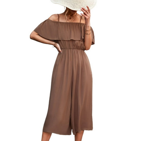 Defitshape Women's Summer Jumpsuit Billowy Jump Suit Baggy Casual Bunched Calf Length Comfy Jumpers And Rompers Off Shoulder Brown Large