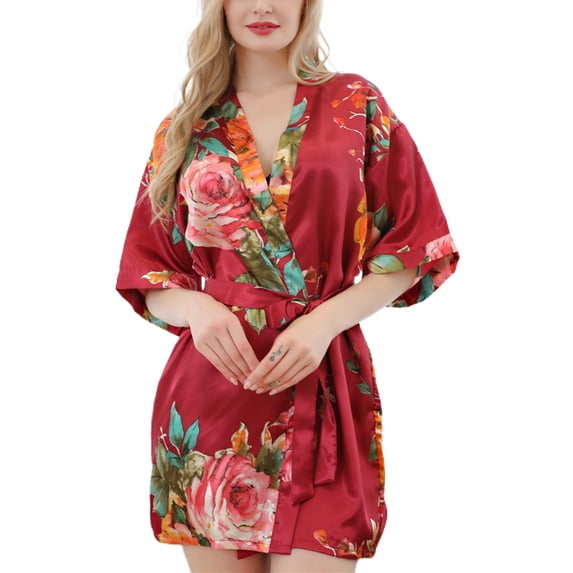 Defitshape Women's Summer Kimono Robe Short Pjs Satin Bride Soft Floral Printed V Neck Silky Bathrobe Burgundy Small
