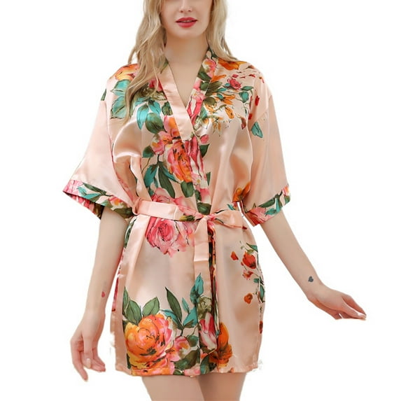 Defitshape Women's Summer Kimono Robe Short Pjs Satin Bride Soft Floral Printed V Neck Silky Bathrobe Golden Medium