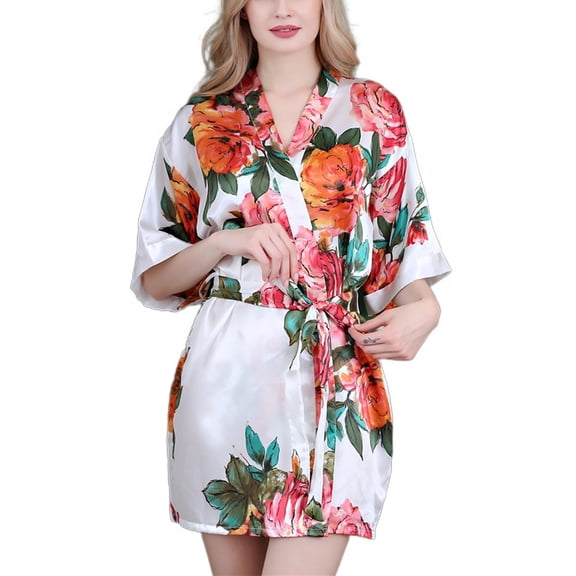 Defitshape Women's Summer Kimono Robe Short Pjs Satin Bride Soft Floral Printed V Neck Silky Bathrobe White Large