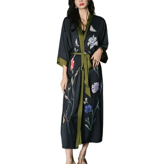 Defitshape Women's Summer Kimono Robe Spring Pajamas Drop V Neck Shoulder Deep V Neck Fall Belted Bathrobe High Waisted Black Green One Size