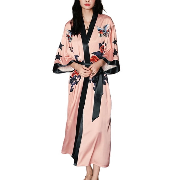 Defitshape Women's Summer Kimono Robe Spring Pajamas Drop V Neck Shoulder Deep V Neck Fall Belted Bathrobe High Waisted Dark Pink One Size