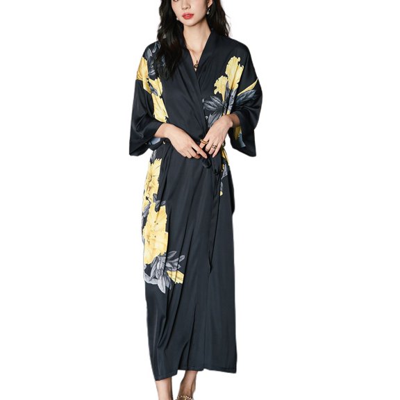 Defitshape Women's Summer Kimono Robe Spring Pajamas Drop V Neck Shoulder Deep V Neck Fall Belted Bathrobe High Waisted Green One Size