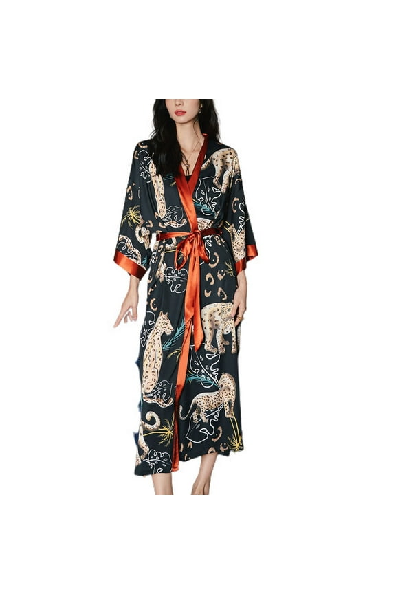 Women's Summer Kimono Robe Spring Pajamas Drop V Neck Shoulder Deep V Neck Fall Belted Bathrobe High Waisted Leopard One Size
