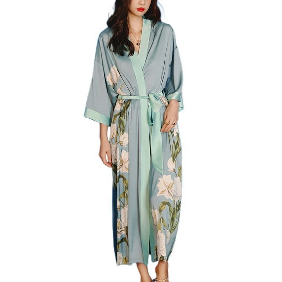 Defitshape Women's Summer Kimono Robe Spring Pajamas Drop V Neck Shoulder Deep V Neck Fall Belted Bathrobe High Waisted Light Blue One Size
