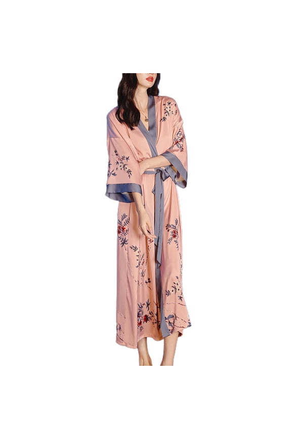 Women's Summer Kimono Robe Spring Pajamas Drop V Neck Shoulder Deep V Neck Fall Belted Bathrobe High Waisted Pink One Size
