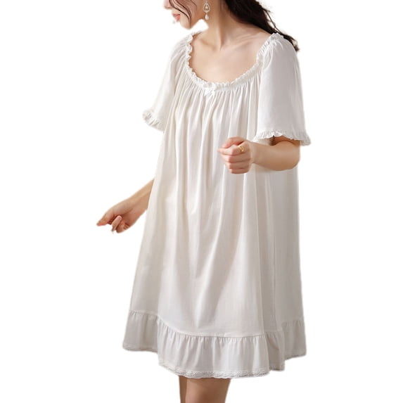 Defitshape Women's Summer Nightgown Lightweight Fall Puff Sleeve Sleep Dress Vintage Victorian Night Gown White Small