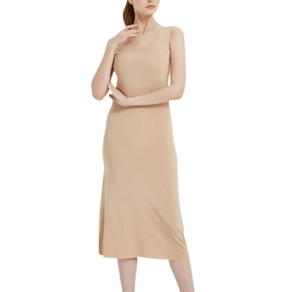 Defitshape Women's Summer Nightgown Spring Sleeveless Sleep Dress Soft Long Casual Tank Dress Lightweight Fall Tea Length Sleepwear Full Slip for Under Dress Dark Nude Large
