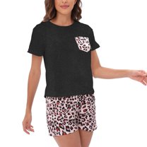 Defitshape Women's Summer Pajama Set Tie Dye 2 Piece Comfy Sleepwear Loose Soft Lounge Set Lightweight Holiday Sleeping Pj Set Short Sleeve Shorts Pjs Black Medium