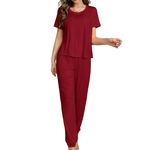 Defitshape Women's Summer Shorts Sleeve Pajama Pants Cinch Bottom Pant 2 Piece Lounge Cool Loungewear Crew Neck Home Elasthane Drawstring Nightwear Burgundy 8-10