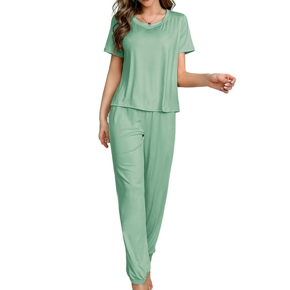 Defitshape Women's Summer Shorts Sleeve Pajama Pants Cinch Bottom Pant 2 Piece Lounge Cool Loungewear Crew Neck Home Elasthane Drawstring Nightwear Mint 4-6