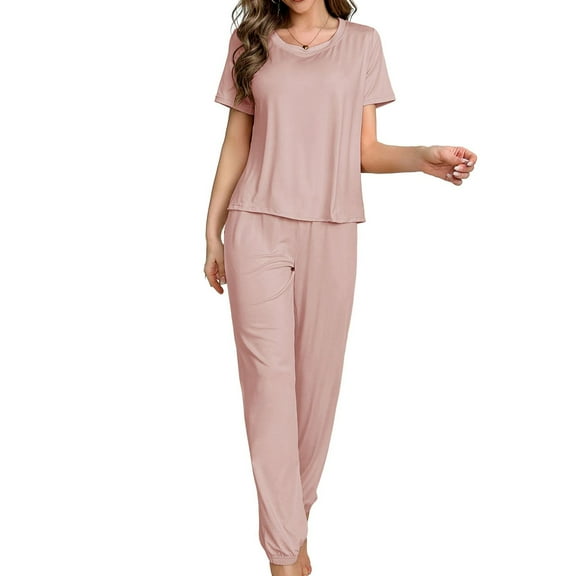 Defitshape Women's Summer Shorts Sleeve Pajama Pants Cinch Bottom Pant 2 Piece Lounge Cool Loungewear Crew Neck Home Elasthane Drawstring Nightwear Pink 4-6