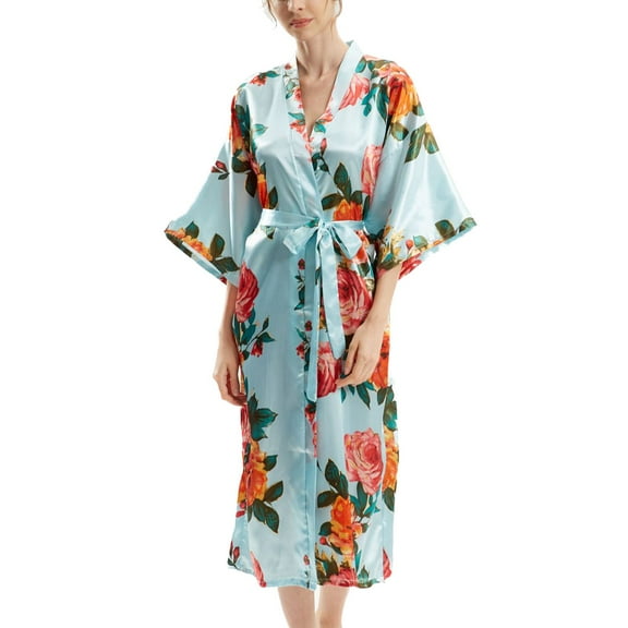Defitshape Women's Summer Silk Robe Lightweight Pjs Soft Thin Cool Silky Satin Bathrobe Spring Casual House 3/4 Sleeve Sleepwear Light Blue Small-Large