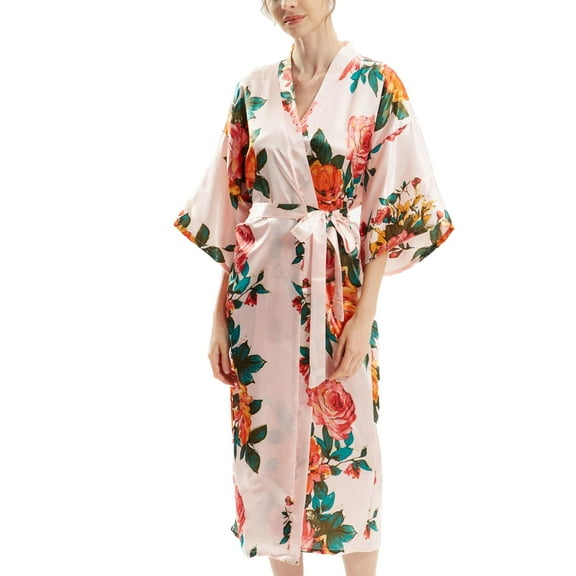 Defitshape Women's Summer Silk Robe Lightweight Pjs Soft Thin Cool Silky Satin Bathrobe Spring Casual House 3/4 Sleeve Sleepwear Pink Small-Large