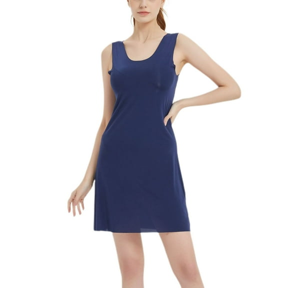Defitshape Women's Summer Soft Sleeveless Nightgown Seamless Short Tank Dress Lightweight Night Sleep Dress Cool V Neck Sleepwear Full Slip Under Dress Royal Blue Small