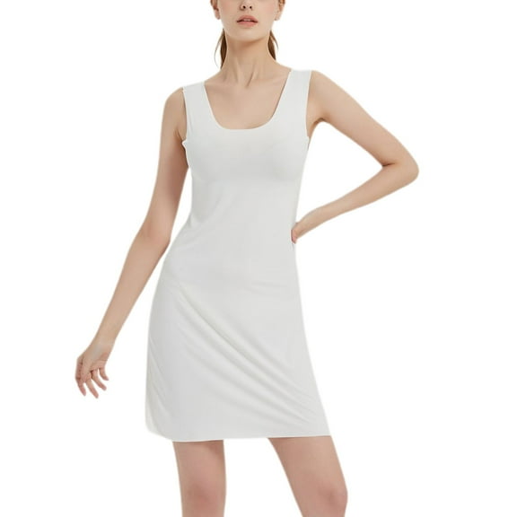 Defitshape Women's Summer Soft Sleeveless Nightgown Seamless Short Tank Dress Lightweight Night Sleep Dress Cool V Neck Sleepwear Full Slip Under Dress White Medium
