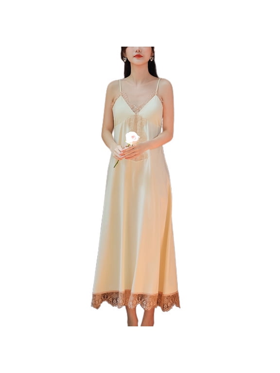 Women's Summer Vintage Nightgown Victorian Lace Cami Chemise Padded Soft Full Slip Sleeveless Sleep Dress Apricot Medium