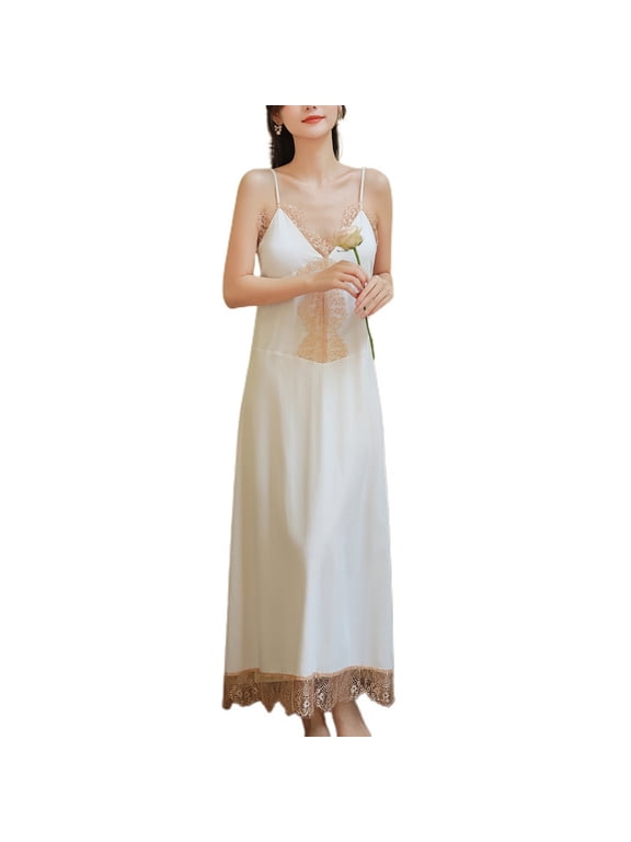 Women's Summer Vintage Nightgown Victorian Lace Cami Chemise Padded Soft Full Slip Sleeveless Sleep Dress White Large