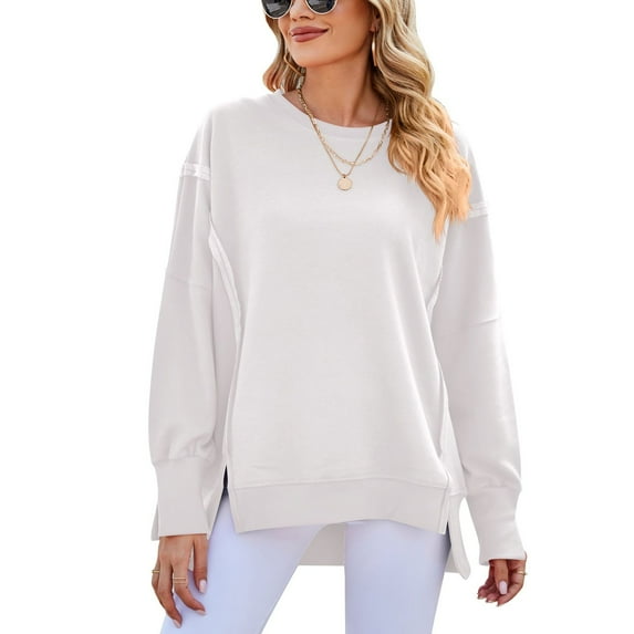 Defitshape Women's Sweatshirt Long Sleeve Pullover Fall Hoodless Fashion Thick Workout Crewneck Winter Pullover Top White Small