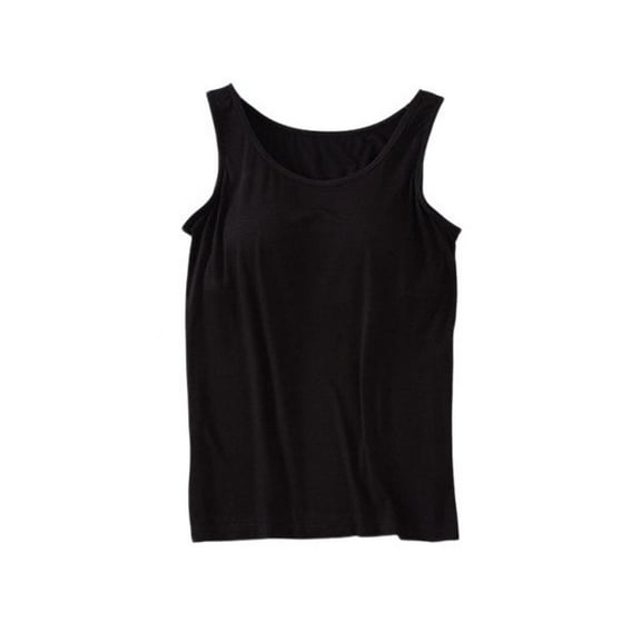 Defitshape Women's Tank Tops Built-in Bra Cami Cool Nightwear Crew Neck Vest Basic Comfy Home Fall Soft Thin Summer Pajama Top Black Large