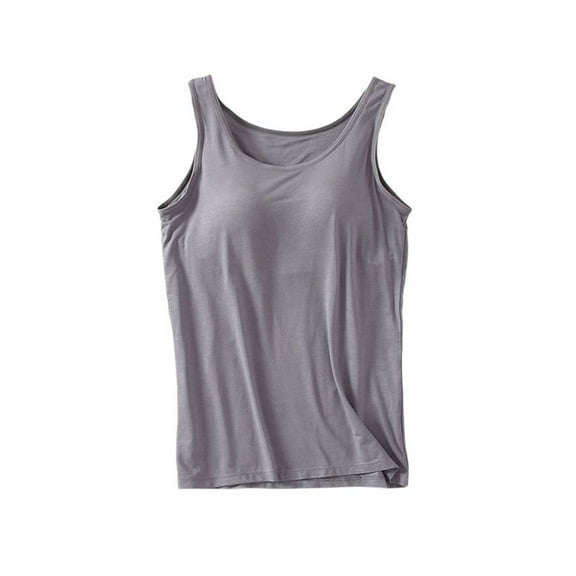 Defitshape Women's Tank Tops Built-in Bra Cami Cool Nightwear Crew Neck Vest Basic Comfy Home Fall Soft Thin Summer Pajama Top Dark Grey Small
