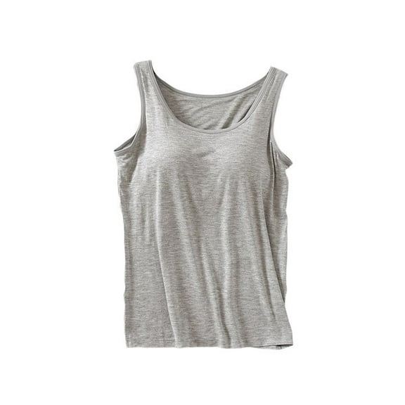 Defitshape Women's Tank Tops Built-in Bra Cami Cool Nightwear Crew Neck Vest Basic Comfy Home Fall Soft Thin Summer Pajama Top Grey Small