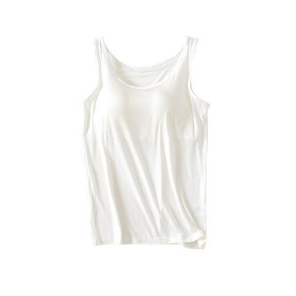Defitshape Women's Tank Tops Built-in Bra Cami Cool Nightwear Crew Neck Vest Basic Comfy Home Fall Soft Thin Summer Pajama Top White X-Large