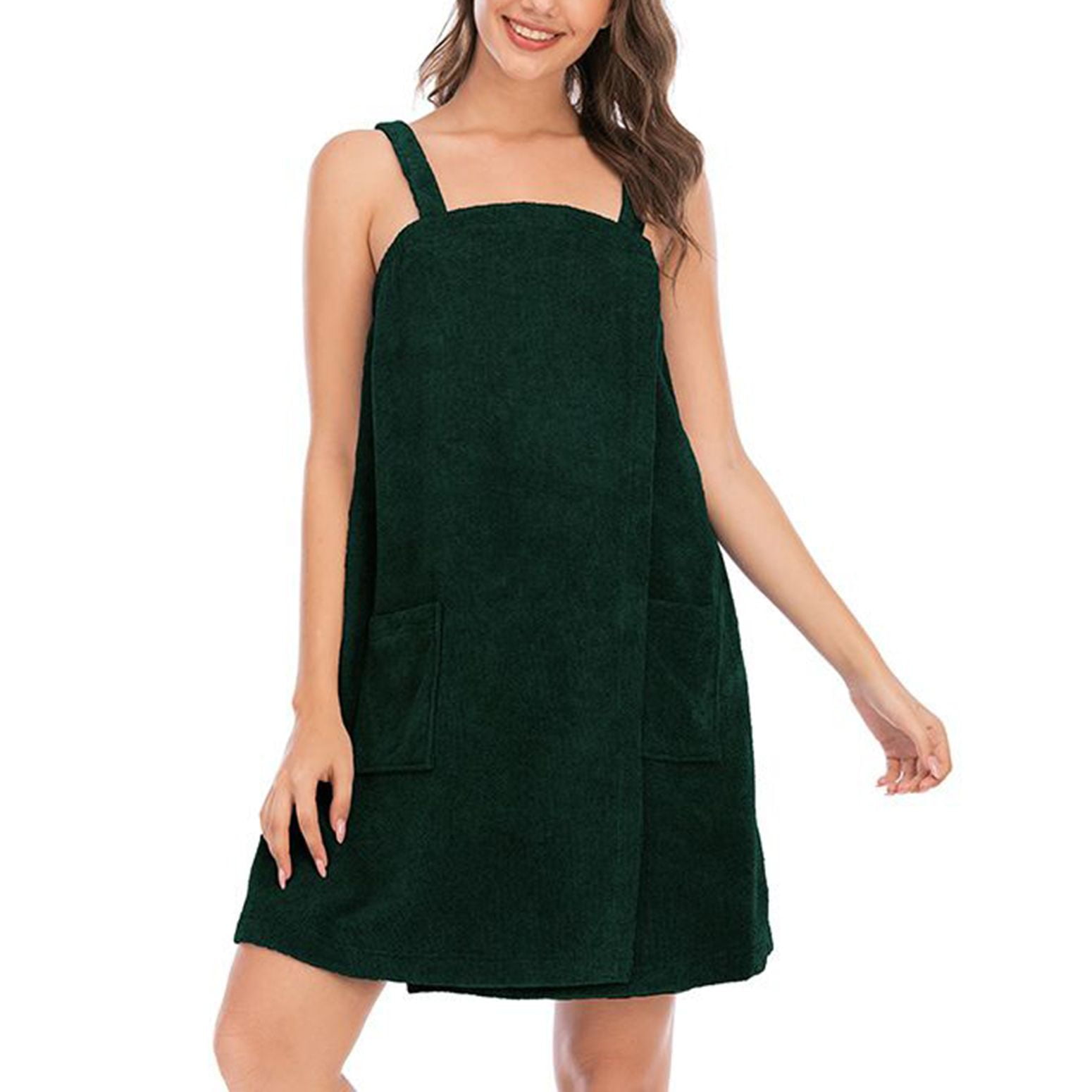 Defitshape Women's Terry Cloth Towel Wrap Bath Spa Soft Tank After Shower Dress Cozy Absorbent Bath Robe Sleeveless Shower Wrap Army Green 6