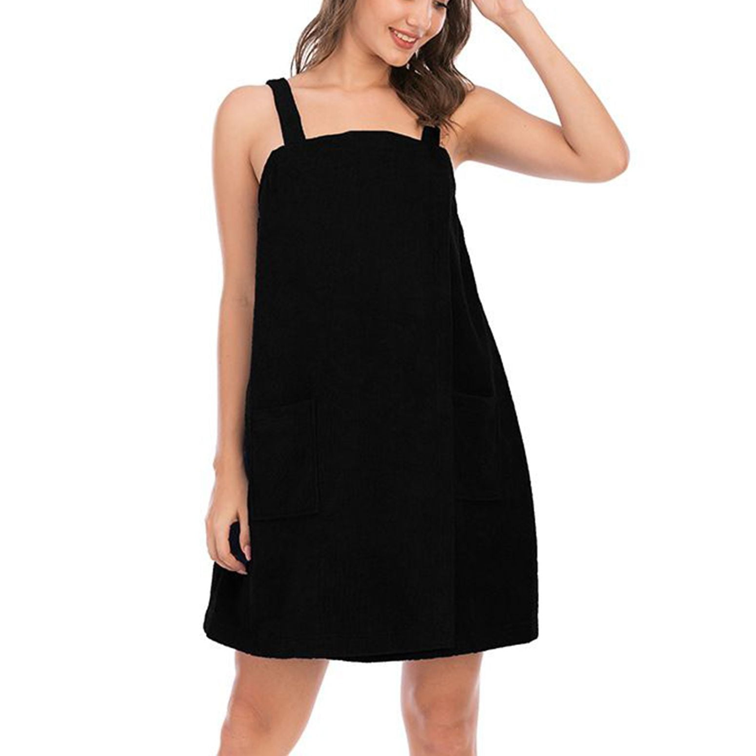 Defitshape Women's Terry Cloth Towel Wrap Bath Spa Soft Tank After Shower Dress Cozy Absorbent Bath Robe Sleeveless Shower Wrap Black 14