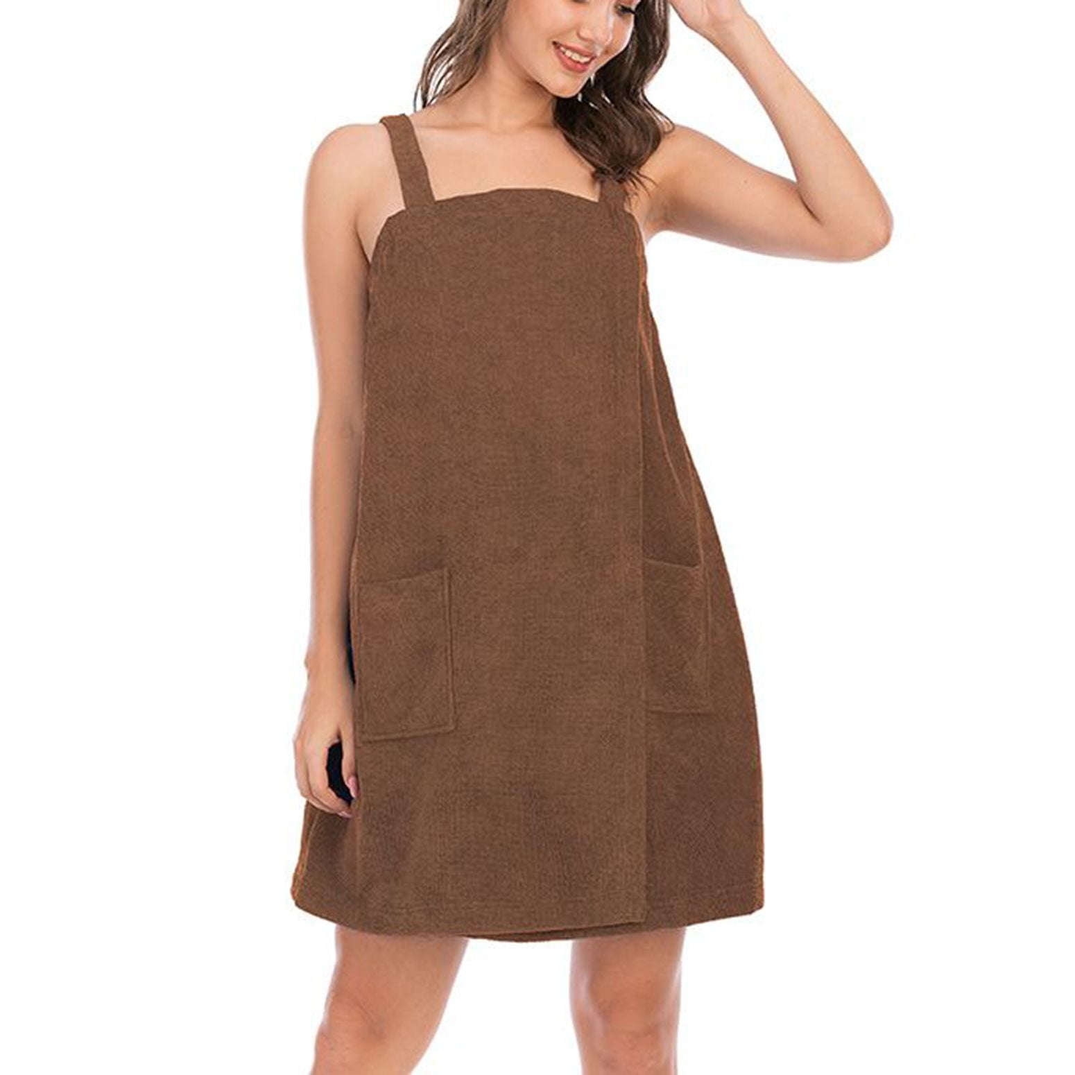 Defitshape Women's Terry Cloth Towel Wrap Bath Spa Soft Tank After Shower Dress Cozy Absorbent Bath Robe Sleeveless Shower Wrap Coffee 8