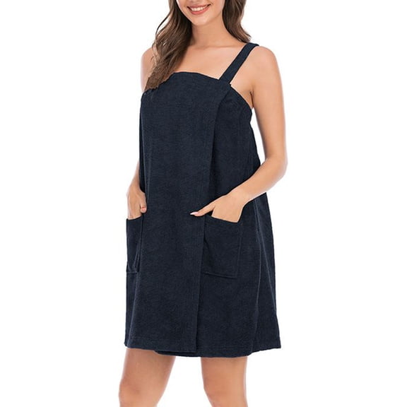 Defitshape Women's Terry Cloth Towel Wrap Bath Spa Soft Tank After Shower Dress Cozy Absorbent Bath Robe Sleeveless Shower Wrap Navy 6