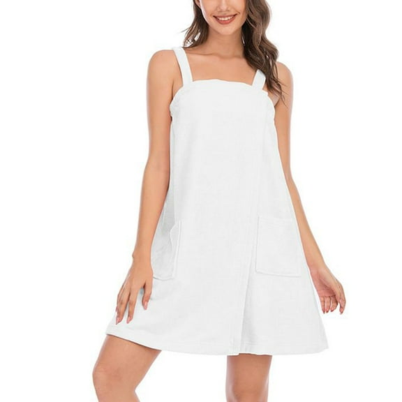 Defitshape Women's Terry Cloth Towel Wrap Bath Spa Soft Tank After Shower Dress Cozy Absorbent Bath Robe Sleeveless Shower Wrap White 16-18
