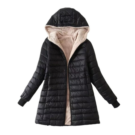 Defitshape Women's Thick Quilted Jacket Fleece Lined Soft Thermal Outerwear Long Sleeve Casual Spring Fall Hooded Zip Black Large