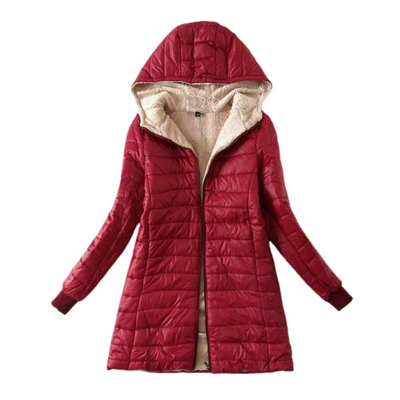 Defitshape Women's Thick Quilted Jacket Fleece Lined Soft Thermal Outerwear Long Sleeve Casual Spring Fall Hooded Zip Burgundy X-Large