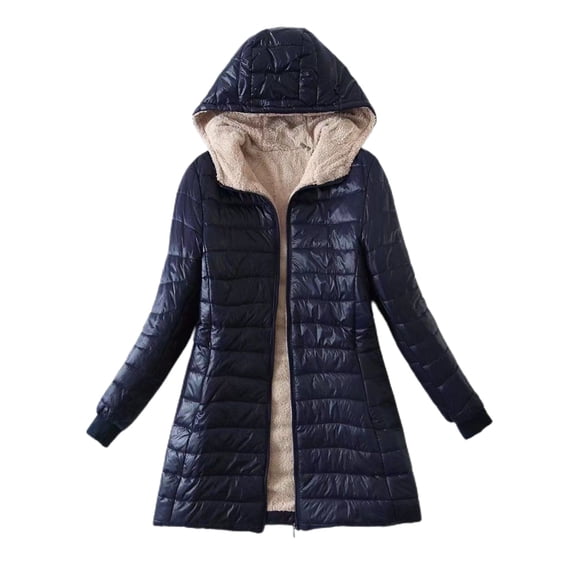 Defitshape Women's Thick Quilted Jacket Fleece Lined Soft Thermal Outerwear Long Sleeve Casual Spring Fall Hooded Zip Navy Large