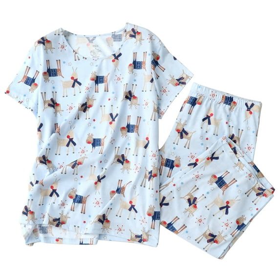 Defitshape Women's Two Piece Pj Cotton Blend Capri Pajama Set Short Sleeve Pant Soft Sleepwear Printed Patterned Lightweight Cute Patterned3 Medium