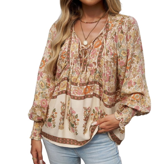 Defitshape Women's V Neck Floral Blouse Boho Top Long Sleeve Fall Lantern Sleeve Bohemian Soft Summer Holiday Fashion Shirt Apricot XX-Large