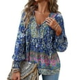 thumbnail image 1 of Defitshape Women's V Neck Floral Blouse Boho Top Long Sleeve Fall Lantern Sleeve Bohemian Soft Summer Holiday Fashion Shirt Navy Medium, 1 of 4