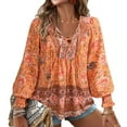 thumbnail image 1 of Defitshape Women's V Neck Floral Blouse Boho Top Long Sleeve Fall Lantern Sleeve Bohemian Soft Summer Holiday Fashion Shirt Orange Large, 1 of 3