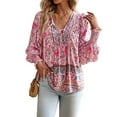 thumbnail image 1 of Defitshape Women's V Neck Floral Blouse Boho Top Long Sleeve Fall Lantern Sleeve Bohemian Soft Summer Holiday Fashion Shirt Pink XX-Large, 1 of 3