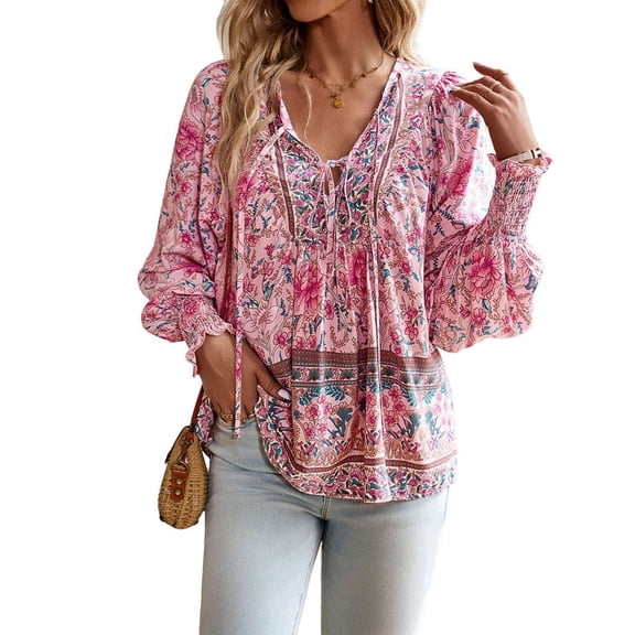 Defitshape Women's V Neck Floral Blouse Boho Top Long Sleeve Fall Lantern Sleeve Bohemian Soft Summer Holiday Fashion Shirt Pink XX-Large